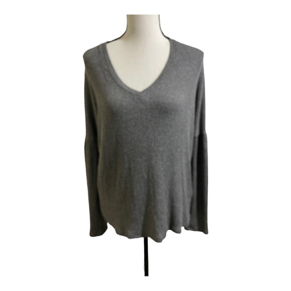 Lucky Brand womens V-neck ribbed bell sleeves sweater grey size Small.Rayon - Picture 1 of 9